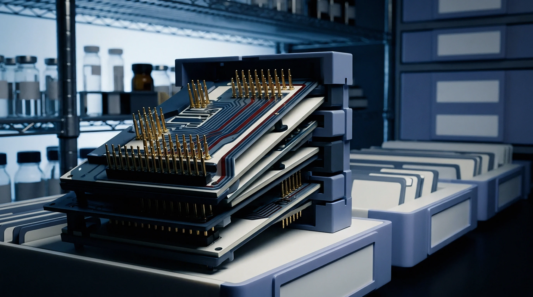A 3D render portrays stacked electronic test fixtures featuring gold spring pins mounted on circuit boards inside storage trays.