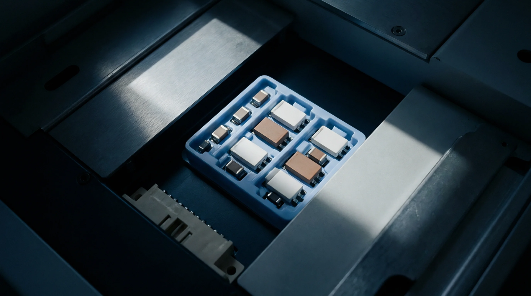 A blue plastic tray holding various ceramic capacitors rests inside the steel machinery housing of an automated placement system.