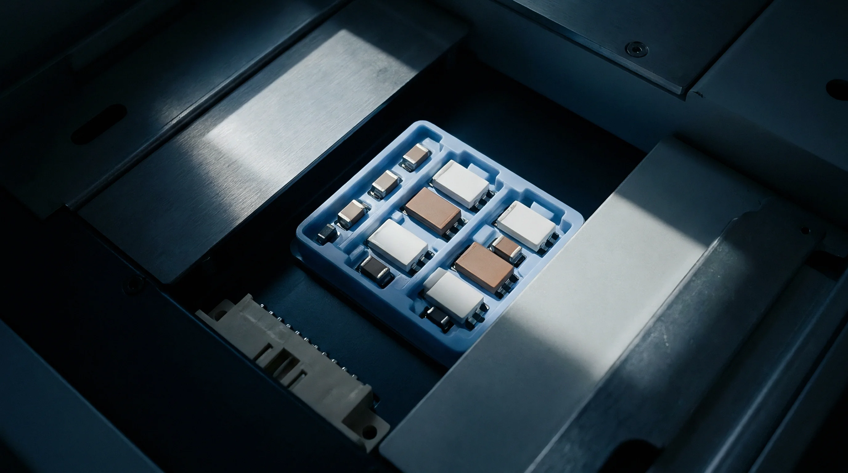 A blue plastic tray holding various ceramic capacitors rests inside the steel machinery housing of an automated placement system.