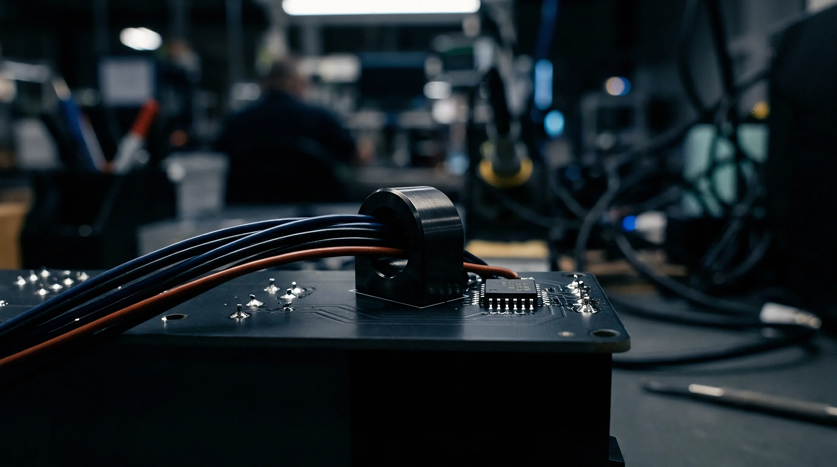 Several insulated cables pass through a toroidal current transformer mounted next to an integrated circuit on a dark printed circuit board.
