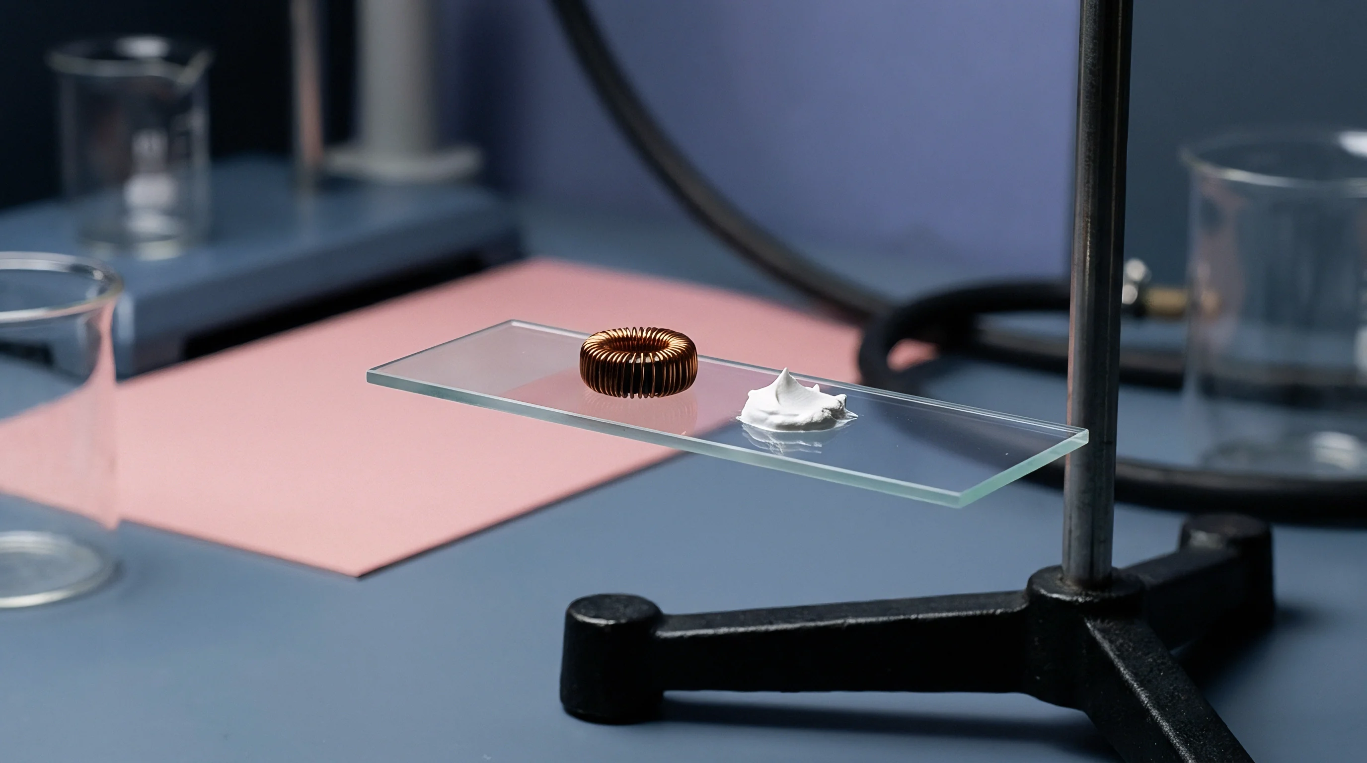 A toroidal inductor and a sample of white paste sit on a glass slide, positioned on a laboratory bench.